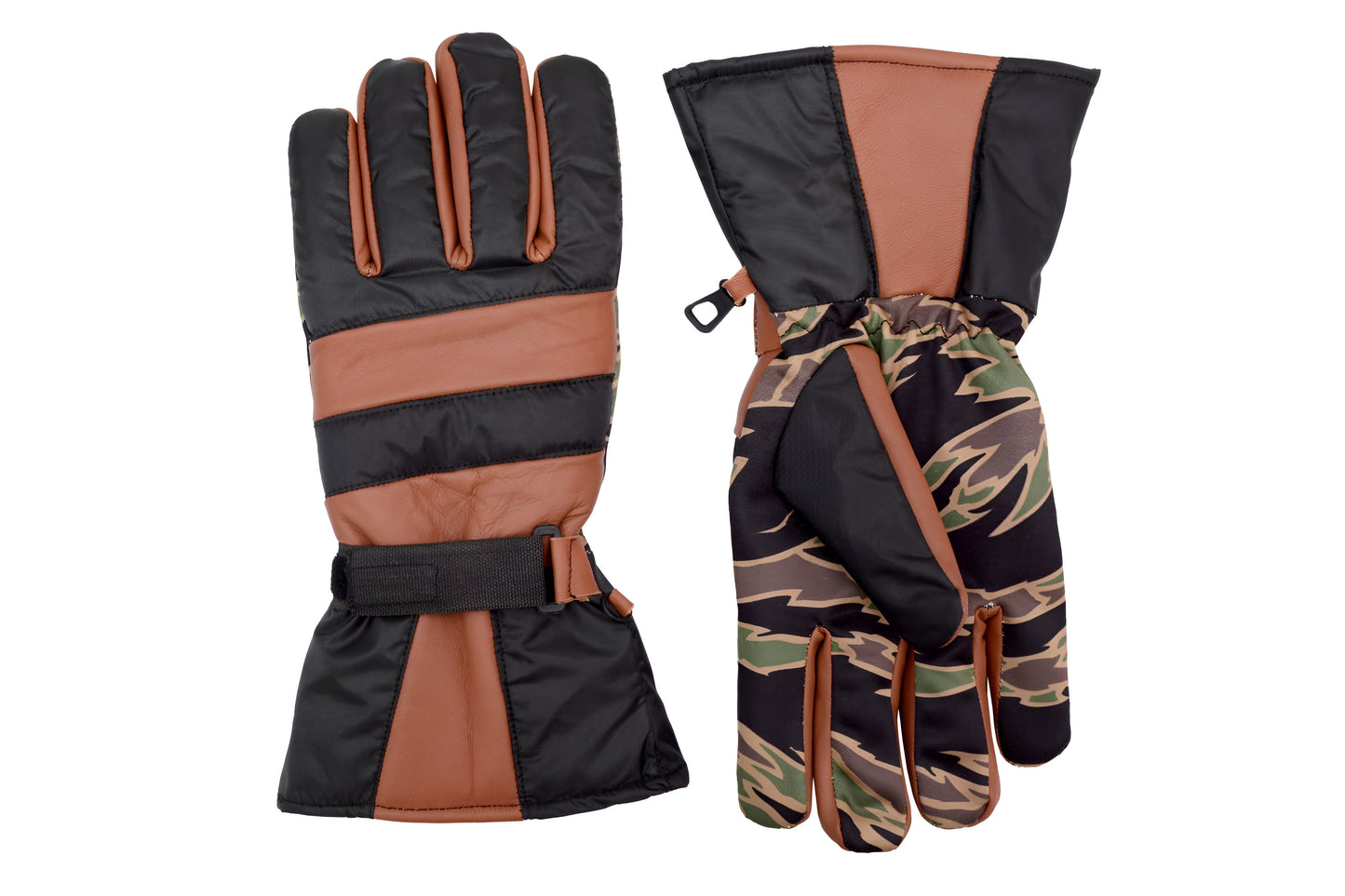 Men’s Insulated Leather Ski Gloves, Waterproof Winter Snow Gloves with Adjustable Strap – Brown & Black