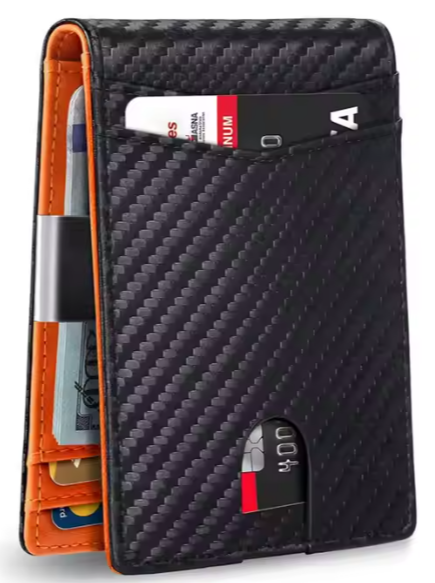 RFID Slim Leather Wallet with Money Clip, Larger Capacity up to 12 Cards- Color Black with Orange