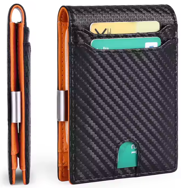 RFID Slim Leather Wallet with Money Clip, Larger Capacity up to 12 Cards- Color Black with Orange