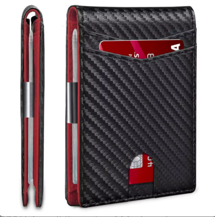 RFID Slim Leather Wallet with Money Clip, Larger Capacity up to 12 Cards- Color Black with Red