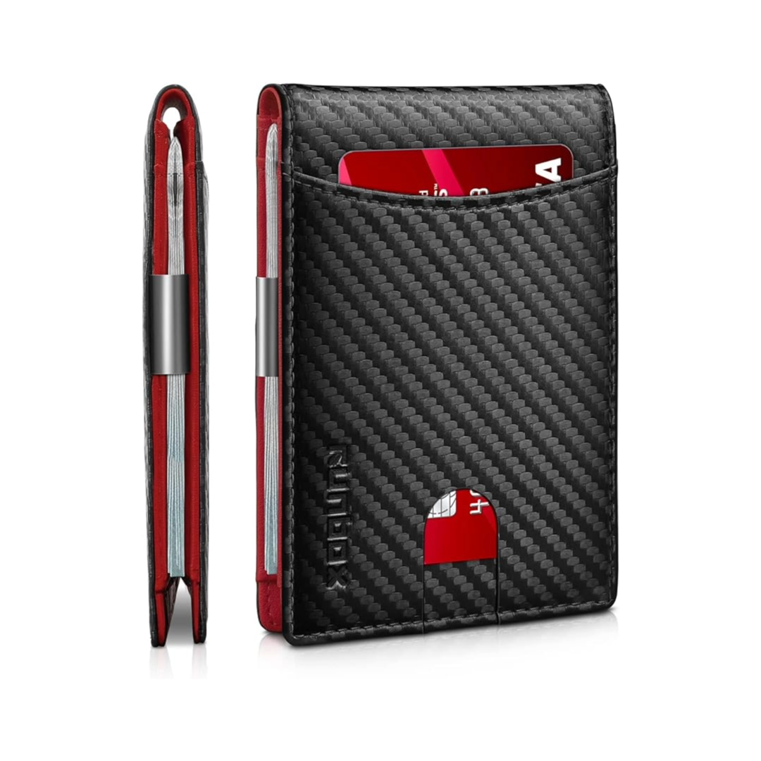 RFID Slim Leather Wallet with Money Clip, Larger Capacity up to 12 Cards- Color Black with Red